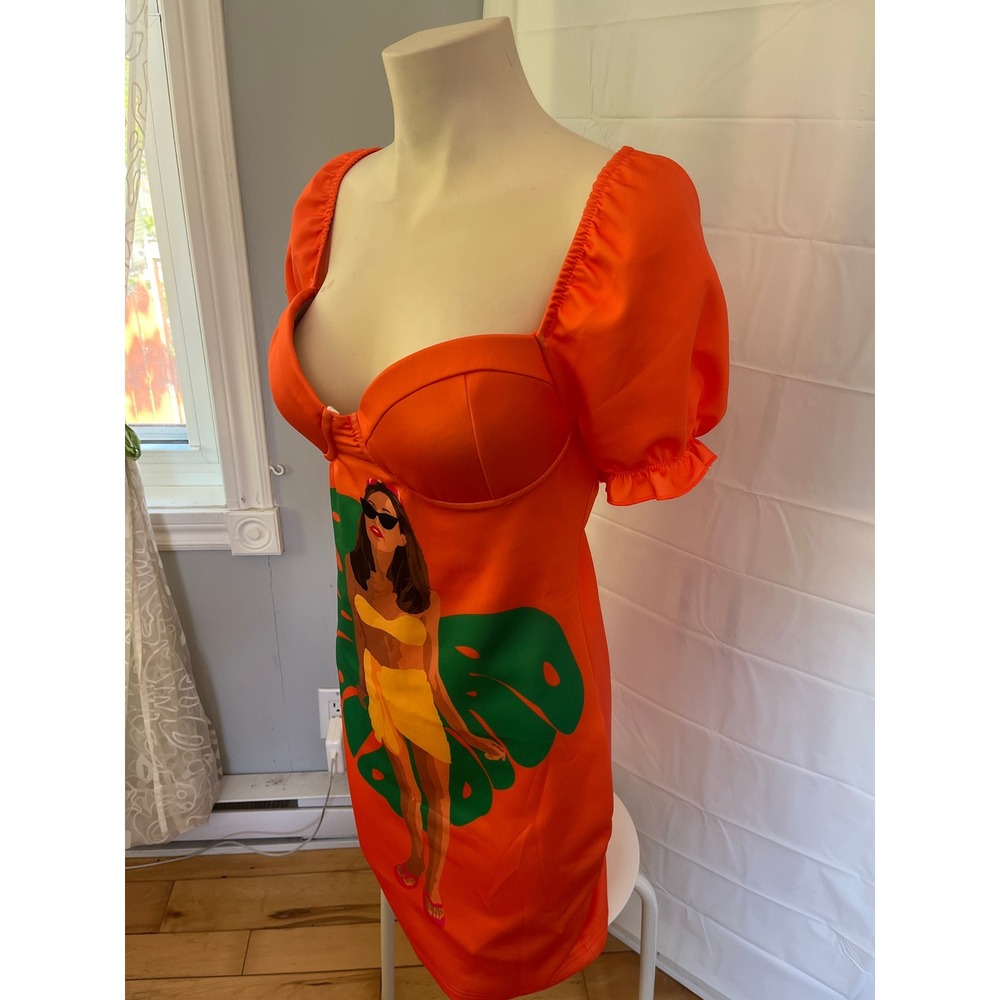 Orange Tropical Graphic Bustier Mini Dress Puff Sleeve Sweetheart Neck Bodycon - Picture 2 of 8